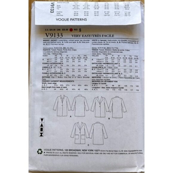 Vogue #V9133 Jacket Sewing Pattern Sizes Lrg - XXL Sku 0264 UNCUT - Picture 3 of 4